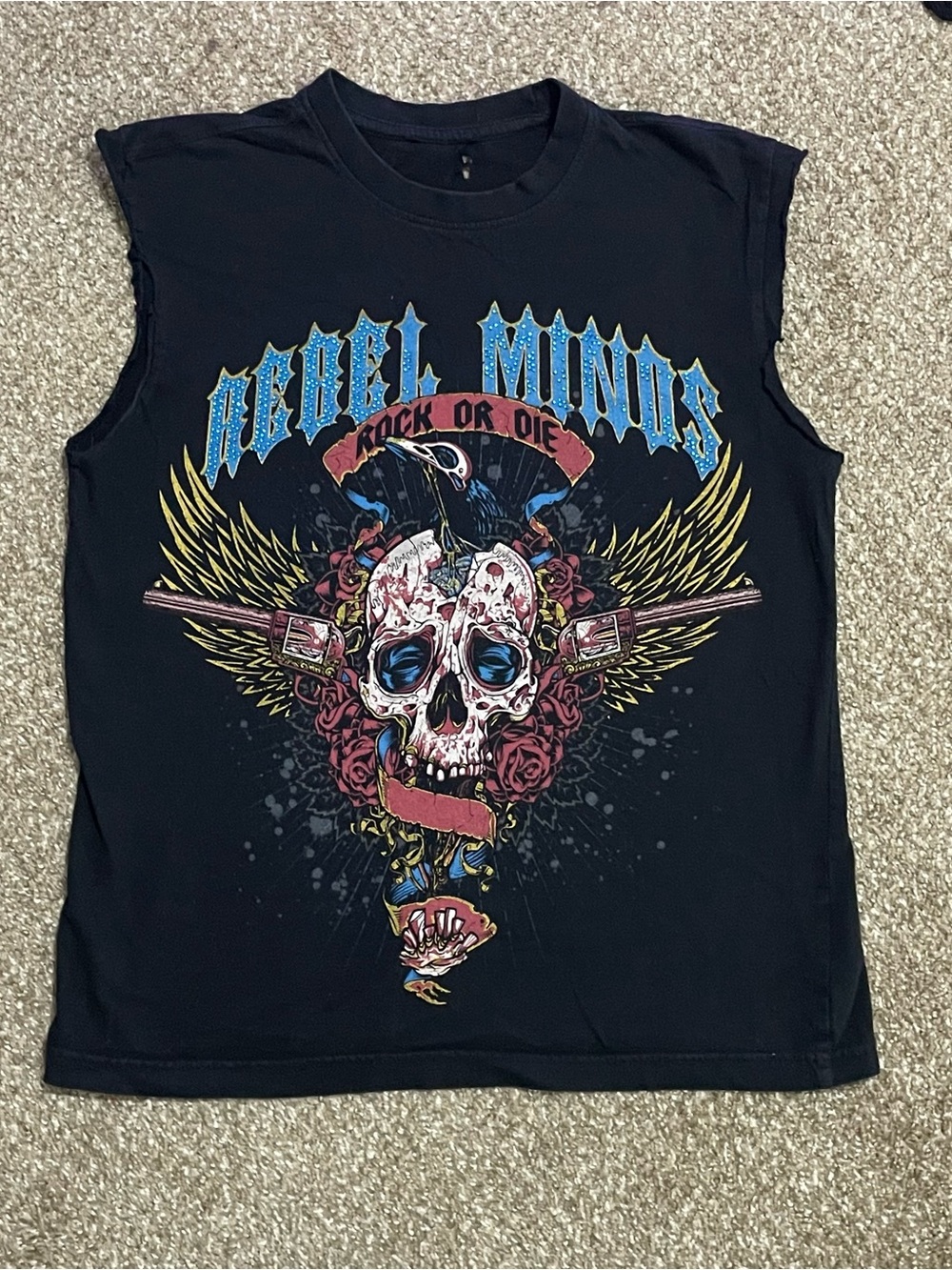 Vintage Sleeveless Graphic Rhinestone Skull T-Shirt Muscle Tank Mens Size Small